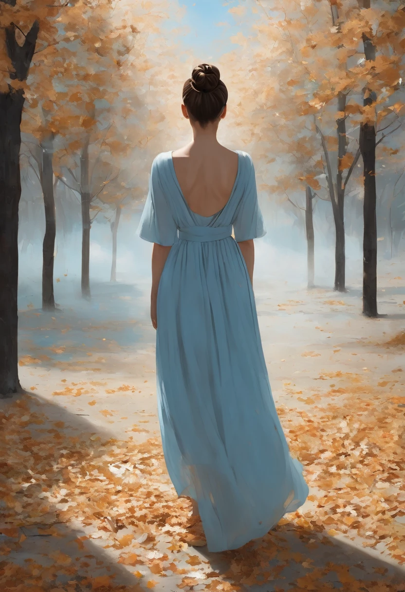 Woman from the back with light blue dress open white, Light brown bun hair, dry leaves on the ground and falling 