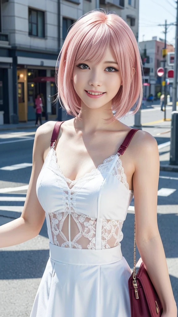 A woman with pink hair and a white dress, Anime realism style, Unreal 5. RPG Portrait, cgsociety portrait, Realistic art style, Smooth anime CG art, Photorealistic Anime Girl Rendering, Realistic anime 3D style, Loss Draw 1. 0, Realistic 3D animation, ArtJam ; 3d unreal engine, Realistic anime art style，The background is the city，The best smile