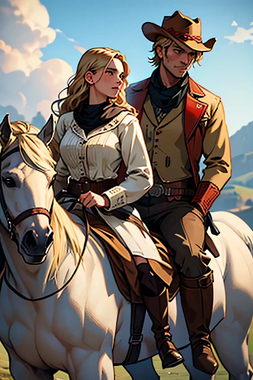 a blonde woman on a white horse and a man with light brown hair on a black horse, with the style and setting of Red Dead Redemption 2