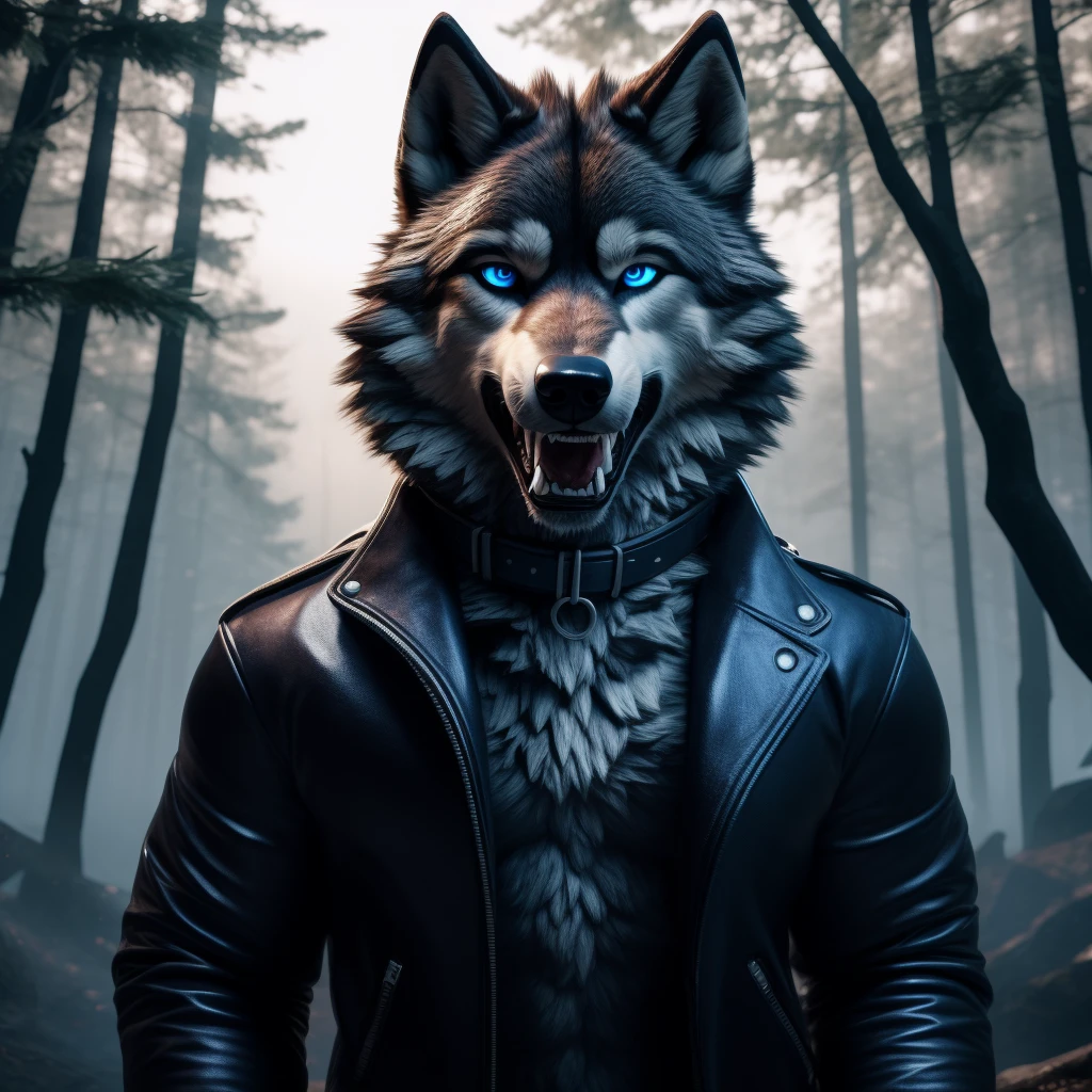 Posing, Male, 30 years old, eyeliner, black leather jacket, anthro, wolf ears, (black fur:1.5), wolf, forest background, 8k, hi res, (best quality, masterpiece), (wolf tail:1.5), detailed fur, solo, blue jeens, blue eyes, collar, evil grin, crazy expression, barring teeth, foaming at the mouth