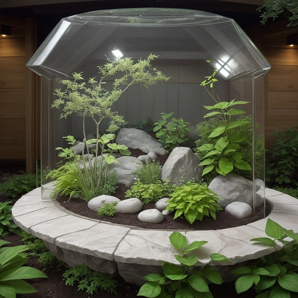 Help me create a landscaping project, of a winter garden, in glass with broadleaf plants, substrate with white stones.
