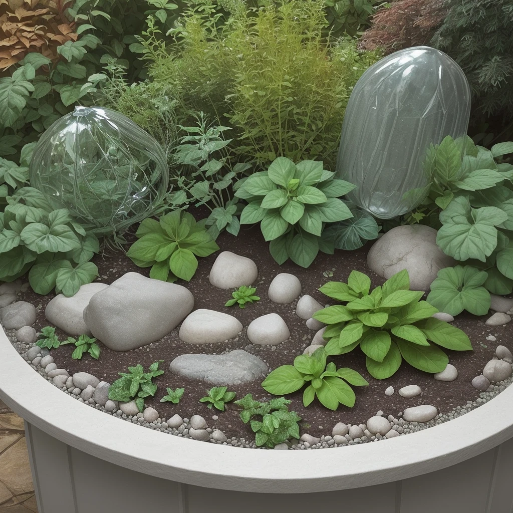 Help me create a landscaping project, of a winter garden, in glass with broadleaf plants, substrate with white stones.