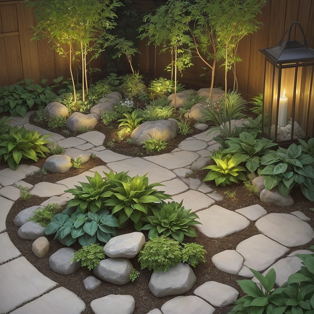 Help me create a landscaping project, of a winter garden, in glass with broadleaf plants, substrate with white stones.