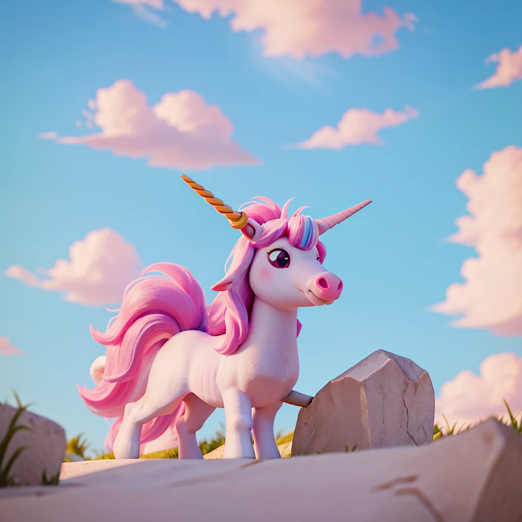 a unicorn with a white body and a small pink mane with just one horn in the middle of its head and very cute, just a simple unicorn looking like a horse