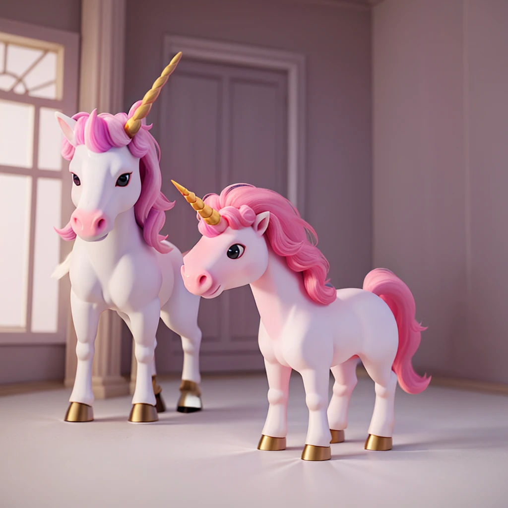 a unicorn with a white body and a small pink mane with just one horn in the middle of its head and very cute, just a simple unicorn looking like a horse