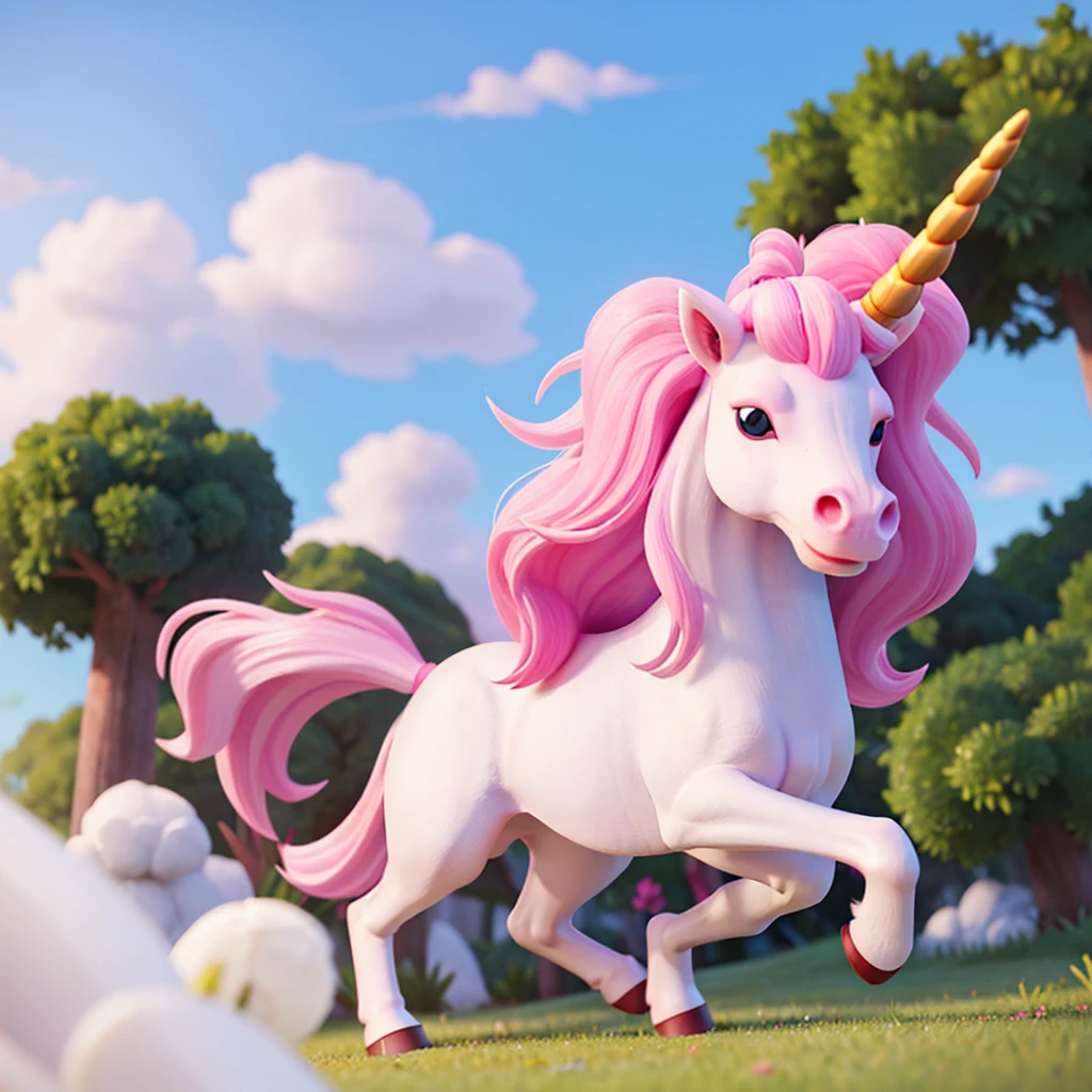 a unicorn with a white body and a small pink mane with just one horn in the middle of its head and very cute, just a simple unicorn looking like a horse