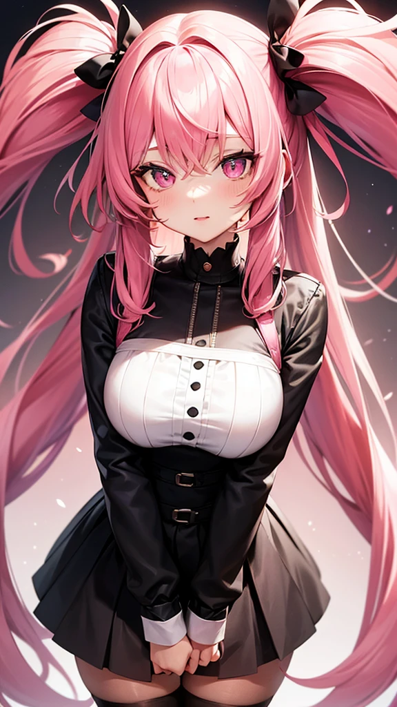 (Highest quality,Super detailed,girl),black tights,Pink Hair,Height: 160cm,cute,Pink Eyes,Twin tails,Big Breasts,I'm wearing a pink skirt,Her eyes are white and shining,Has bright white eyes,Looking at me with a bright face,
