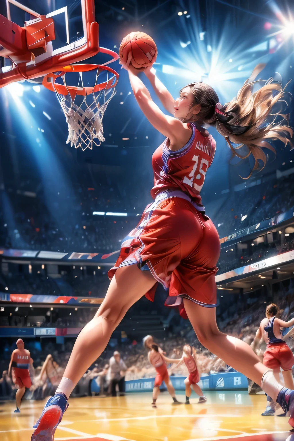 detailed photo of a tall woman in a basketball uniform, beautiful detailed eyes, beautiful detailed lips, extremely detailed face, long eyelashes, muscular athletic build, jumping high for a slam dunk, basketball court environment, people cheering in the background, rim lighting, dynamic basketball gameplay, physically-based rendering, professional sports illustration, vivid colors, dramatic lighting, detailed face, detailed eyes, detailed nose, detailed lips, dynamic action pose, (best quality,4k,8k,highres,masterpiece:1.2),ultra-detailed,(realistic,photorealistic,photo-realistic:1.37)