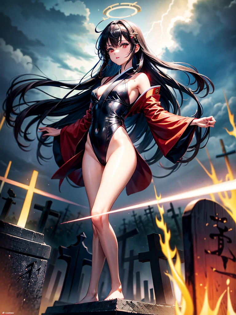 Highest Resolution,Highest quality,A beautiful girl with no expression in a kimono leotard,Black eyeliner,Black eyebrows,High leg,Floating in the air,Very beautiful red eyes,Black hair semi-long hair,Halo,thunderstorm,Bad weather,Japanese Cemeteries,A road lined with gravestones,1Two Red Torii Gates,Company,Bamboo grove,lightning,Lightning strikes,whole body,up,front,