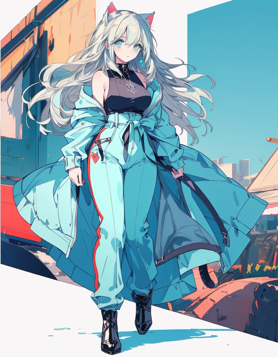 jumpsuit, full body, ((masterpiece, best quality:1.5)), ((Beautiful detailed cat aqua eyes:1.2)), cat ears, pale skin, medium breasts, beautiful hands, beautiful fingers, EasyNegative