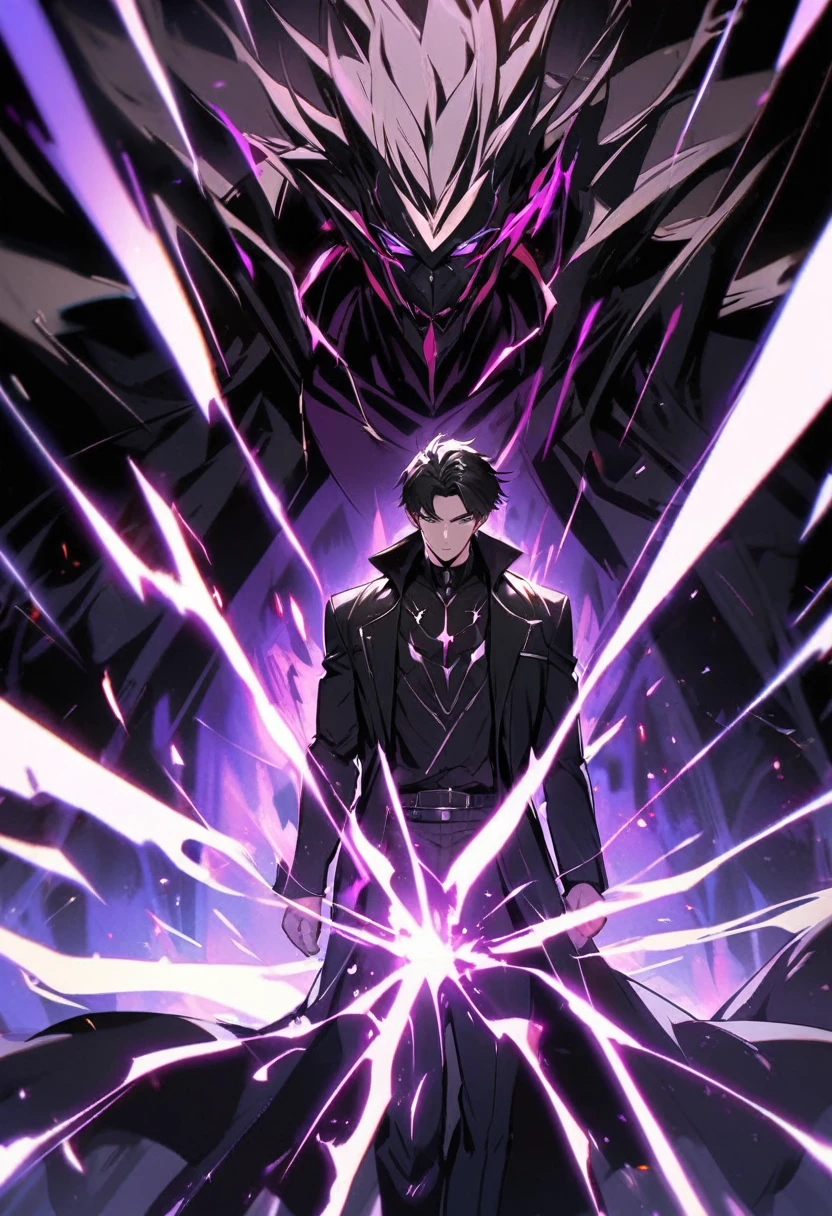 handsome, alone, 1 man, short hair, black hair, purple eyes, black shirt, black coat, Lots of power