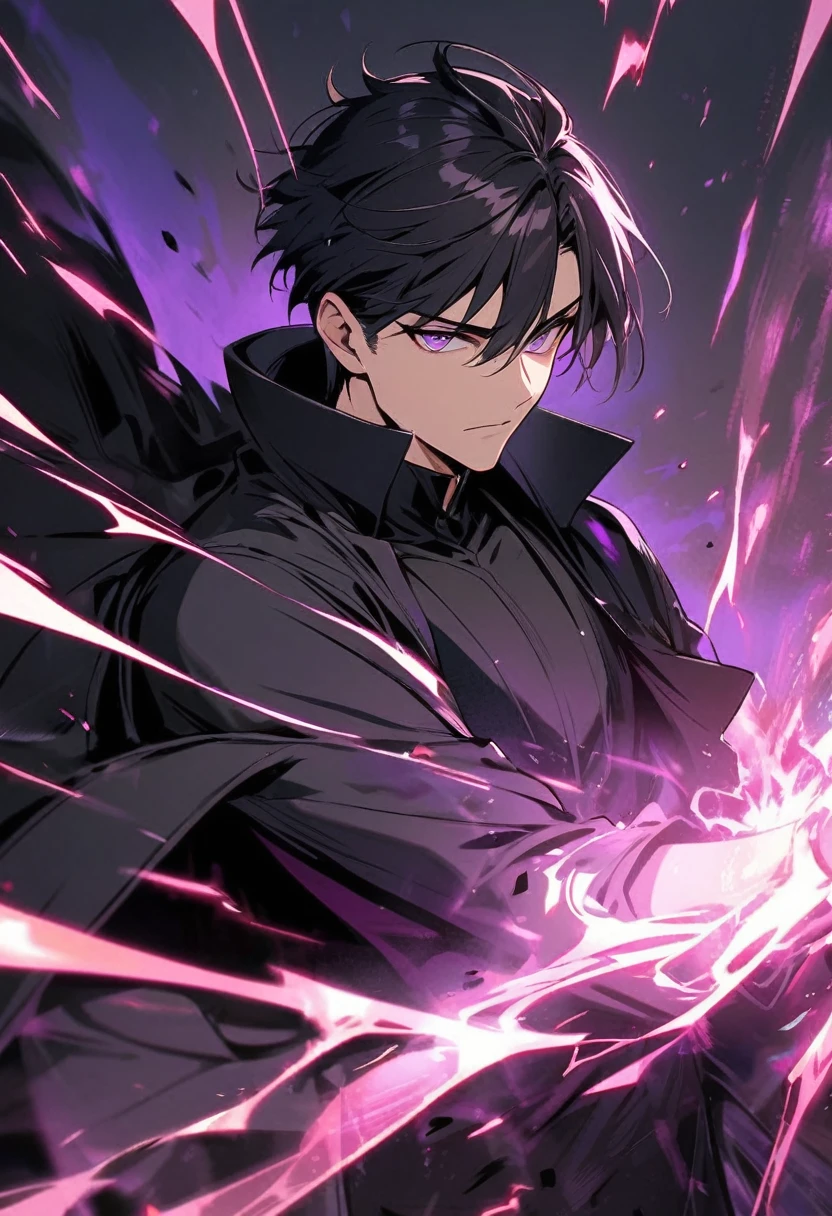 handsome, alone, 1 man, short hair, black hair, purple eyes, black shirt, black coat, Lots of power