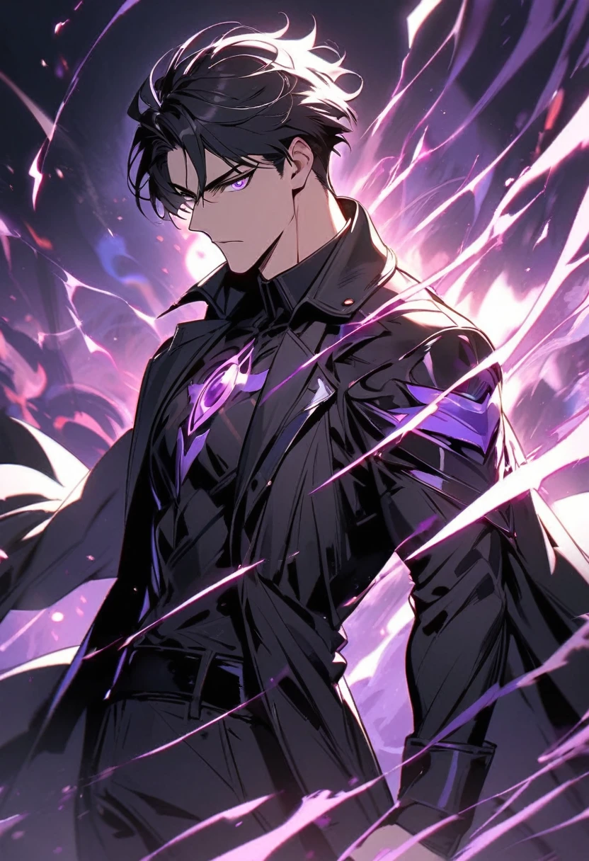 handsome, alone, 1 man, short hair, black hair, purple eyes, black shirt, black coat, Lots of power