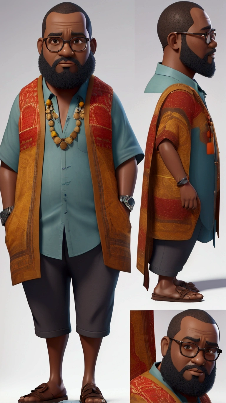 Create a majestic 3D render of an African-descendant professor with short hair and a beard, wearing glasses and clothing with African fabric details. The professor should have a medium build, balanced between slender and chubby. The style should be reminiscent of a cinematic, Pixar-esque movie poster, crafted using cutting-edge Unreal Engine, Octane Engine, and V-Ray technologies.

