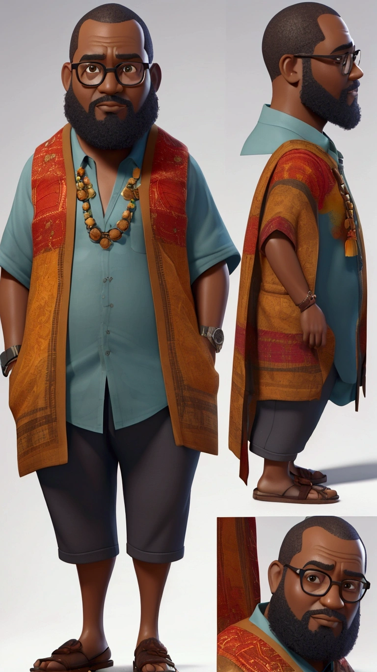 Create a majestic 3D render of an African-descendant professor with short hair and a beard, wearing glasses and clothing with African fabric details. The professor should have a medium build, balanced between slender and chubby. The style should be reminiscent of a cinematic, Pixar-esque movie poster, crafted using cutting-edge Unreal Engine, Octane Engine, and V-Ray technologies.