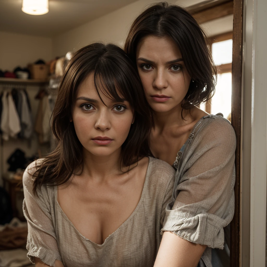 woman in her 30s, beautiful, haggard face, worried and angry expression. Woman looks at the viewer, his hair looks messy, her clothes are peasant style, dirty dress, inside, rags. To the woman