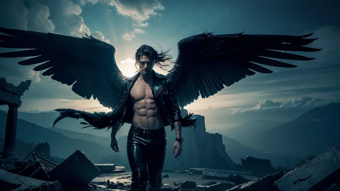 male model of a rock star man with wings falling into endless void, dramatic dramatic lighting, dark moody colors, intense dramatic expression, masterpiece, highly detailed, photorealistic, 8k, cinematic, chiaroscuro lighting, dramatic shadows, dynamic compositing, feathers, shattered wings, smoking ruins, crumbling architecture, glowing embers, dark atmospheric night sky, swirling clouds, abstract void, glowing energy