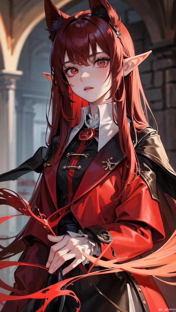 (Top resolution、Distinct_image)top-quality、A girl、​masterpiece、highly detailed, half body, Semi-realistic、red eyes 、18year old, dark red hair,young 、Exquisite  features、 features ,variation potrait, long  hairstyles, teenage, cool , cold sharp eyes, An expression of despair., lifeless eyes, blood on face and clothes, , {Very detailed 8k CG unit wallpaper}, Handsome, solo, female, vampires, bloody, a glass of blood , luxury dress, dark cloak, Gothic, elf ears ,
