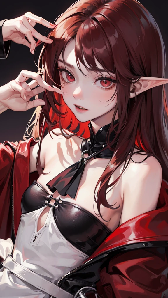 (Top resolution、Distinct_image)top-quality、A girl、masterpiece、highly detailed, half body, Semi-realistic、red eyes 、18year old, dark red hair,young 、Exquisite facial features、Facial features ,variation potrait, long hairstyles, teenage, cool , cold sharp eyes, An expression of despair., lifeless eyes, blood on face and clothes, , {Very detailed 8k CG unit wallpaper}, Handsome, solo, female, vampires, bloody, a glass of blood , luxury dress, dark cloak, Gothic, elf ears ,