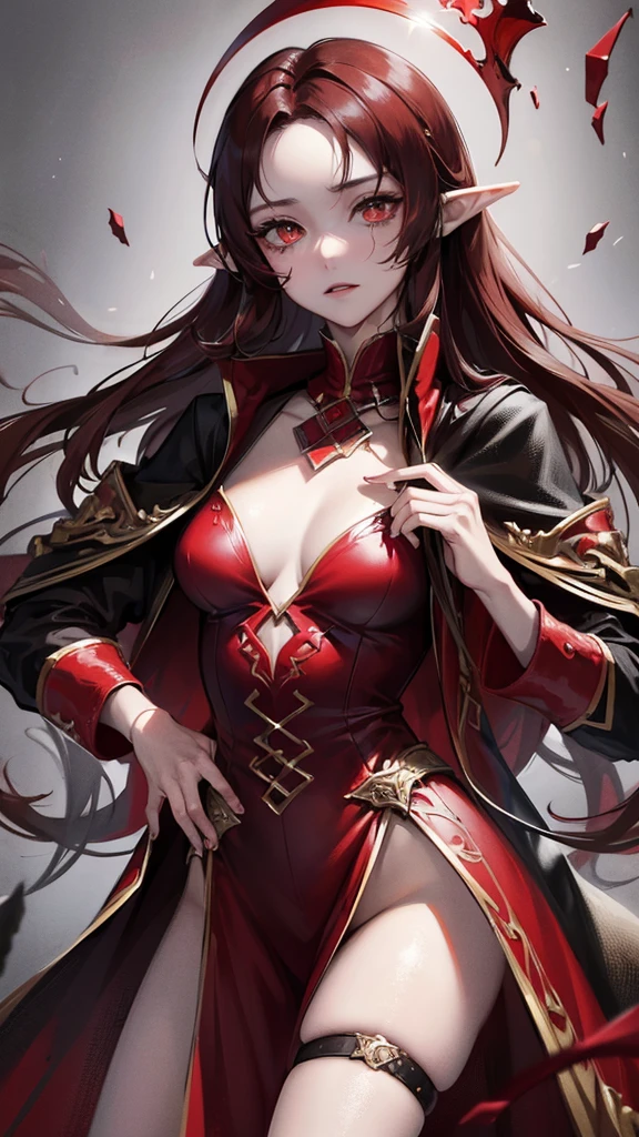 (Top resolution、Distinct_image)top-quality、A girl、​masterpiece、highly detailed, half body, Semi-realistic、red eyes 、18year old, dark red hair,young 、Exquisite facial features、Facial features ,variation potrait, long  hairstyles, teenage, cool , cold sharp eyes, An expression of despair., lifeless eyes, blood on face and clothes, , {Very detailed 8k CG unit wallpaper}, Handsome, solo, female, vampires, bloody, a glass of blood , luxury dress, dark cloak, Gothic, elf ears ,
