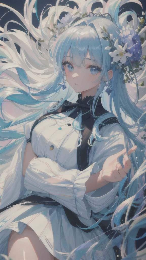 (masterpiece), (best quality), (ultra detailed),(disheveled hair),(illustration), (1girl), (Fashionable clothing), standing, Fashion model, looking at viewer, (interview), (simple background),beautiful detailed eyes, delicate beautiful face, Floating,(high saturation),(colorful splashes),colorful bubble,(shining), focus on face, kamisato ayaka, light blue hair, bangs, hair ring, floating flowers, floating hairs.Girl, anime waifu, looking at viewer, highlydetailed, reflections transparent iridescent colors, long transparent iridescent RGB hair, artby Serafleur from artstation, thick acrylic,illustration on pixiv, waist up portrait, gorgeoussacred girl, best quality, ultra detailed,sad,clever,beautiful face , beautiful lighton black background, Character stvle renderedby Octane,