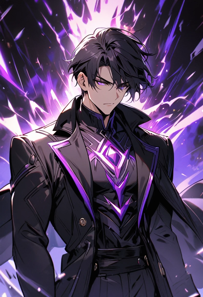 handsome, alone, 1 man, short hair, black hair, purple eyes, black shirt, black coat, Lots of power 