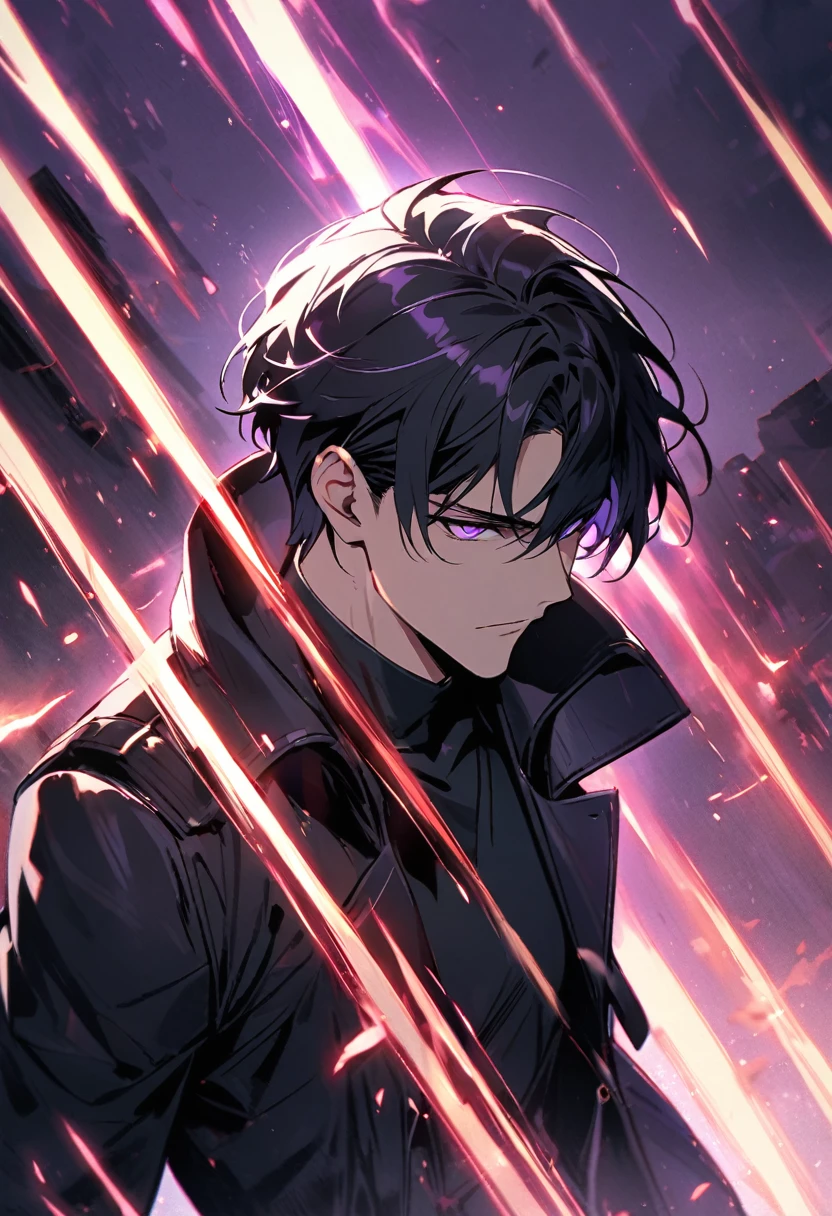 handsome, alone, 1 man, short hair, black hair, purple eyes, black shirt, black coat, Lots of power 