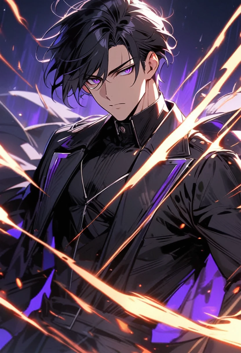 handsome, alone, 1 man, short hair, black hair, purple eyes, black shirt, black coat, Lots of power