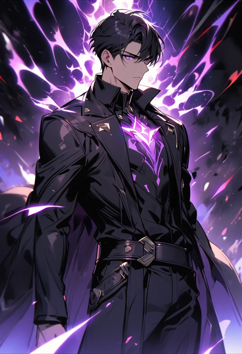 handsome, alone, 1 man, short hair, black hair, purple eyes, black shirt, black coat, Lots of power 