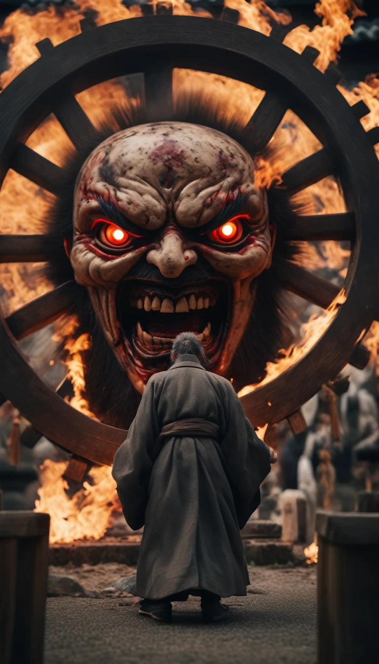 8k,Horror movie photos,Face in the Wheel,The wheels are on fire,A severed head in the middle of the wheel,No body,Floating in,Angry,Beard on face,The background is a Japanese shrine,Shallow depth of field, Vignette, Very detailed, High budget, Bokeh, CinemaScope, Sulky, amazing, nice, Film Grain, Creepy, Anxious, dark, Creepyな, Suspenseful, strict, Very detailed 情報