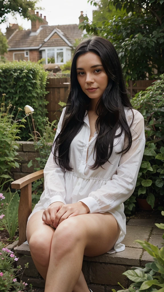British lady with long black hair sitting outside the house in the garden