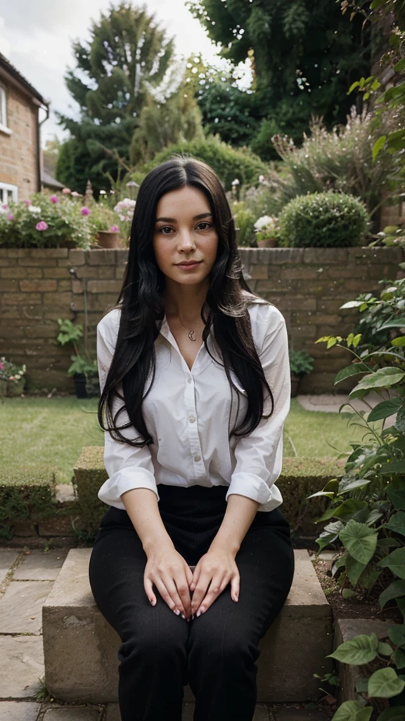 British lady with long black hair sitting outside the house in the garden