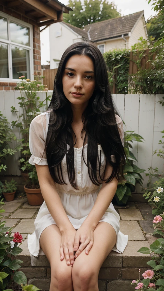 British lady with long black hair sitting outside the house in the garden 