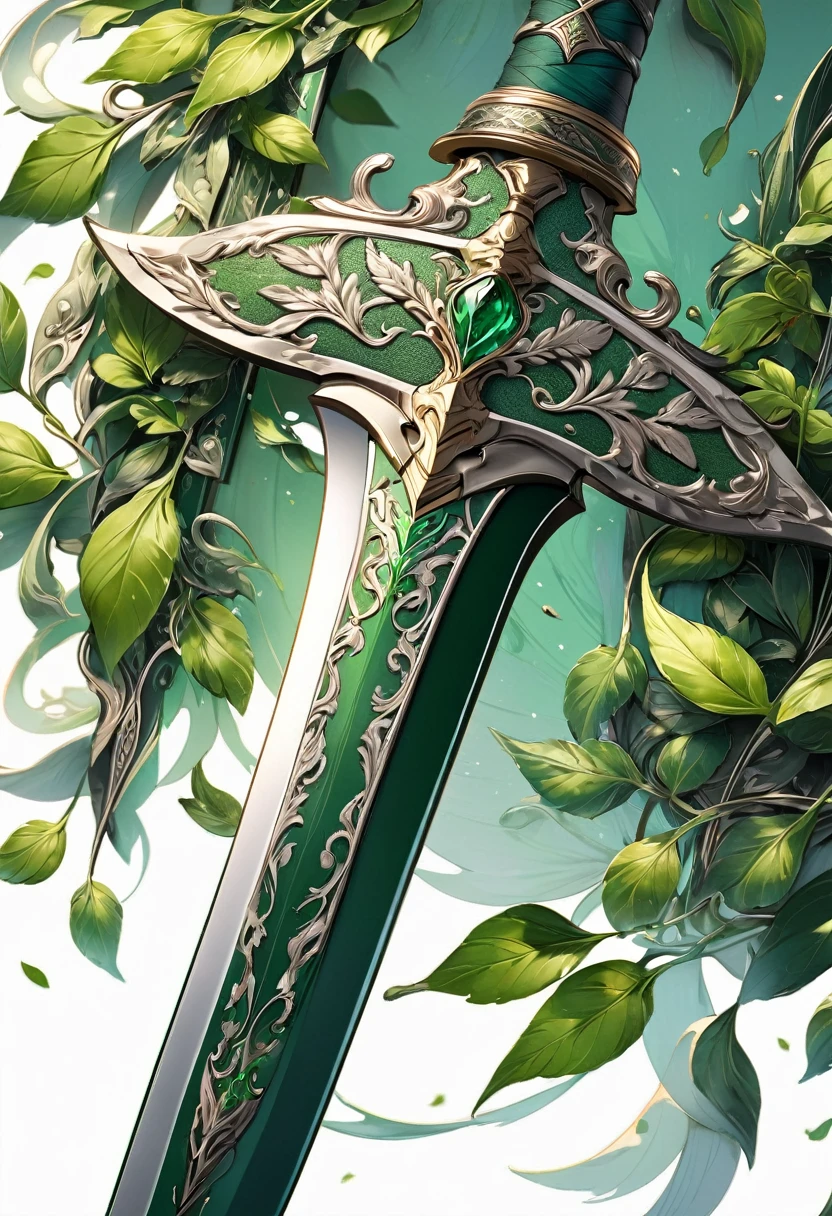 masterpiece, 8k, best quality, highly detailed, a CURVED sword made of green steel & leaves
