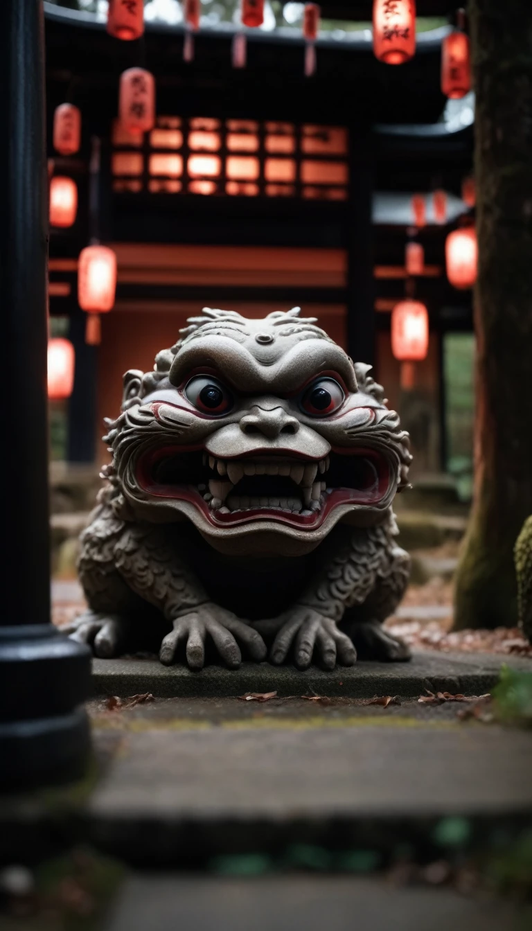 8k,Horror movie photos,Are standing,Kappa,The background is a Japanese shrine,Shallow depth of field, Vignette, Very detailed, High budget, Bokeh, CinemaScope, Sulky, amazing, nice, Film Grain, Creepy, Anxious, dark, Creepyな, Suspenseful, strict, Very detailed 情報