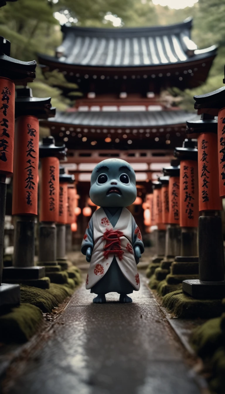 8k,Horror movie photos,Are standing,Kappa,The background is a Japanese shrine,Shallow depth of field, Vignette, Very detailed, High budget, Bokeh, CinemaScope, Sulky, amazing, nice, Film Grain, Creepy, Anxious, dark, Creepyな, Suspenseful, strict, Very detailed 情報