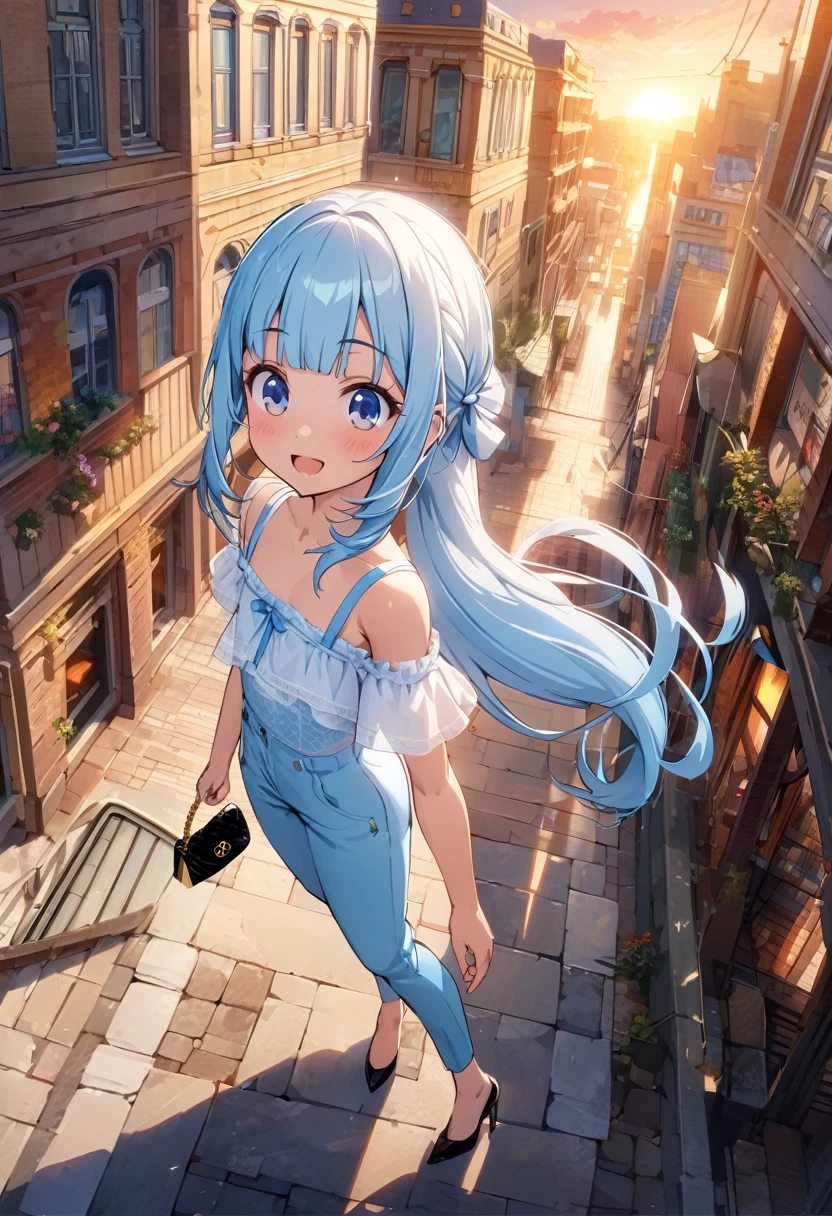 masterpiece, best quality, extremely detailed, (illustration, official art:1.1), 1 girl ,(((( light blue long hair)))), ,(((( light blue long hair)))),light blue hair, , long hair ((blush)) , cute face, big eyes, masterpiece, best quality,(((((a very delicate and beautiful girl))))),Amazing,beautiful detailed eyes,blunt bangs((((little delicate girl)))),tareme(true beautiful:1.2), sense of depth,dynamic angle,,,, affectionate smile, (true beautiful:1.2),,(tiny 1girl model:1.2),)(flat chest) ,,happy smile, smile, Open your mouth,ponytail,Short braided hair,Medium chest, hair band,Cord off-shoulder top,Short sleeve,skinny pants,Stiletto heels,Sunset,evening,The sun is setting,Walking,whole bodyがイラストに入るように,Looking down from above,Holding a Chanel bag in her right hand, break outdoors,In town,Building district, break looking at viewer, whole body, break (masterpiece:1.2), highest quality, High resolution, unity 8k wallpaper, (shape:0.8), (Beautiful details:1.6), Highly detailed face, Perfect lighting, Extremely detailed CG, (Perfect hands, Perfect Anatomy),