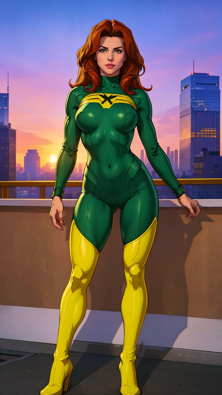 ((Full body photo, standing, feet on the floor)) (best quality,4k,8k,highres,masterpiece:1.2),ultra-detailed,(realistic,photorealistic,photo-realistic:1.37),full body shot,Rogue,X-Men,yellow thigh high boots,beauty pose, standing tall, show feet, outside, city rooftop at night, green headband