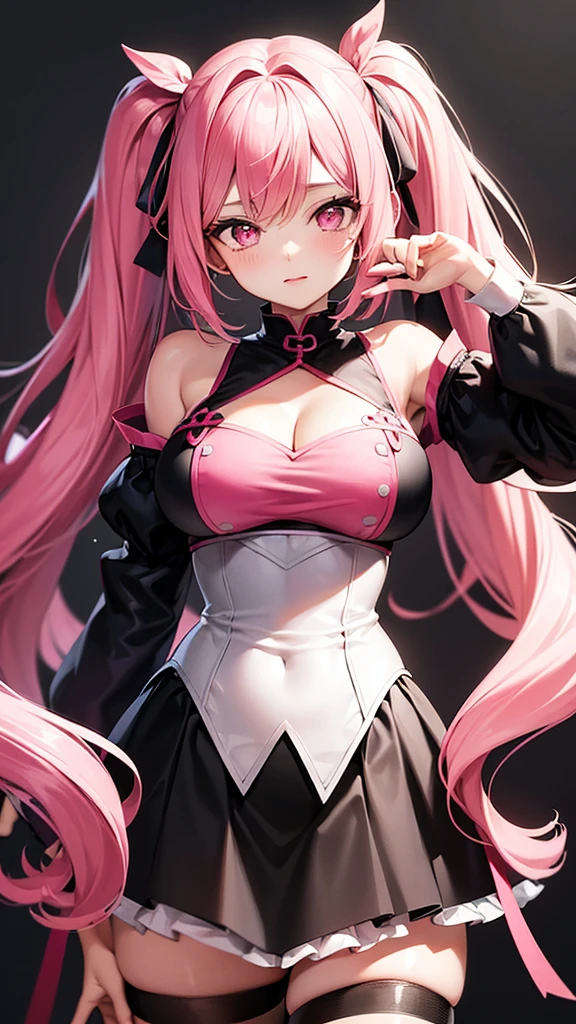 (Highest quality,Super detailed,girl),black tights,Pink Hair,Height: 160cm,cute,Pink Eyes,Twin tails,Big Breasts,I'm wearing a pink skirt,Her eyes are white and shining,Has bright white eyes,Looking at me with a bright face,My underwear is about to be visible,