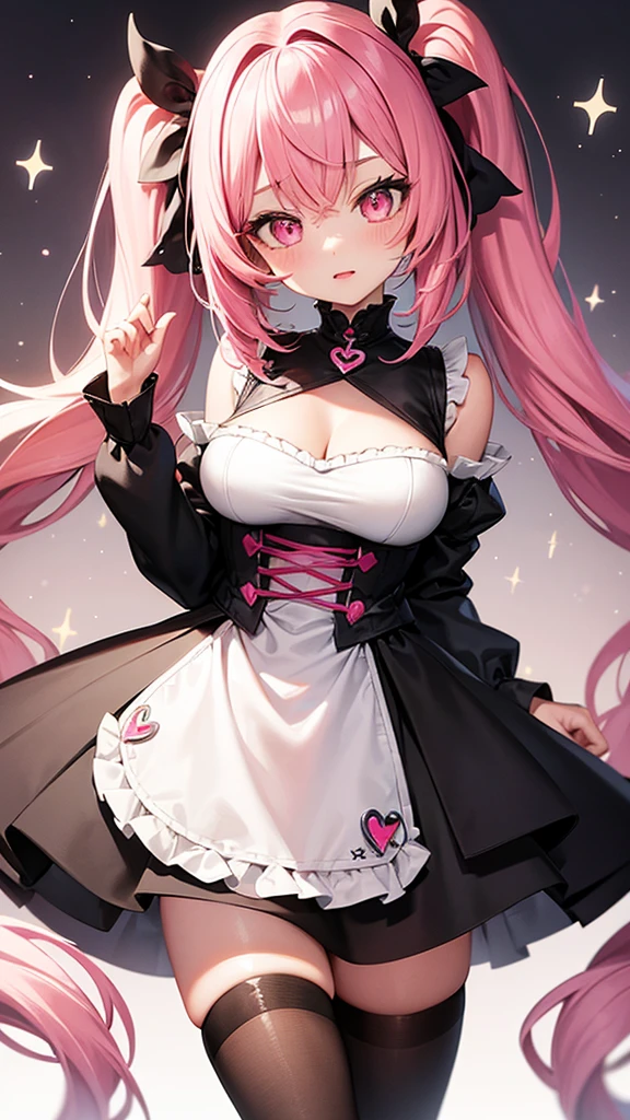 (Highest quality,Super detailed,girl),black tights,Pink Hair,Height: 160cm,cute,Pink Eyes,Twin tails,Big Breasts,I&#39;m wearing a pink skirt,Her eyes are white and shining,Has bright white eyes,Looking at me with a bright face,My underwear is about to be visible,