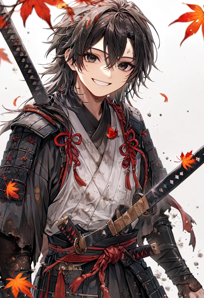 Ronin, Dirty, Boy, Two sword, black eyes, black samurai long unkempt hair, ragged body, gray- white Torn clothes, Smile, Maple leaf background.