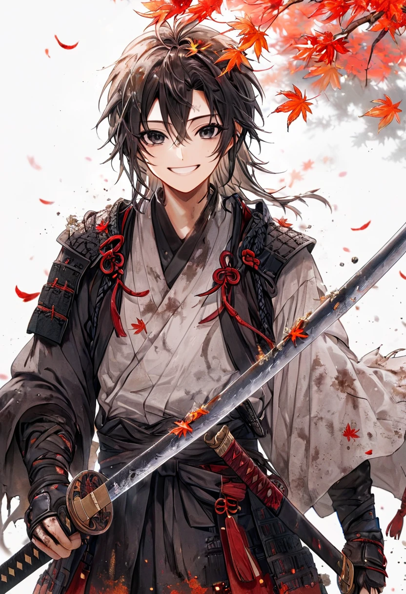 Ronin, Dirty, Boy, Two sword, black eyes, black samurai long unkempt hair, ragged body, gray- white Torn clothes, Smile, Maple leaf background.