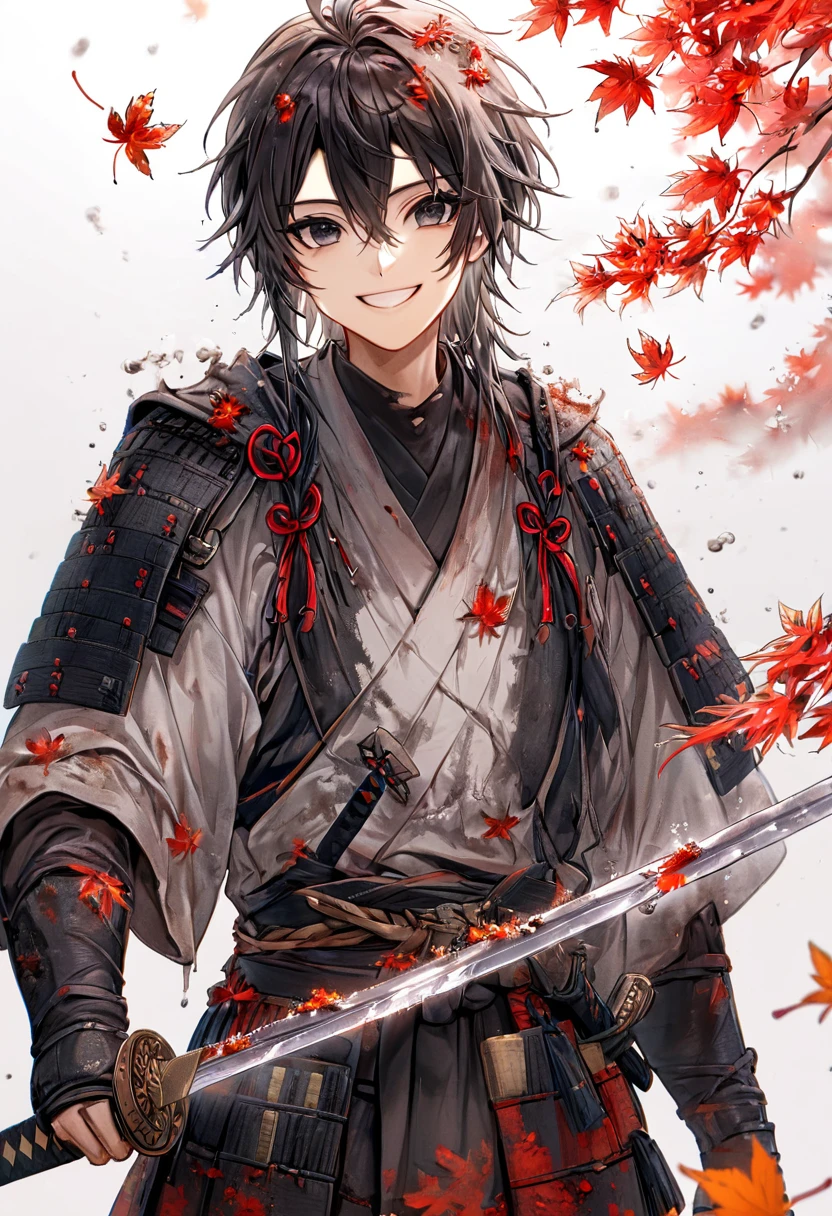 Ronin, Dirty, Boy, Two sword, black eyes, black samurai long unkempt hair, ragged body, gray- white Torn clothes, Smile, Maple leaf background.