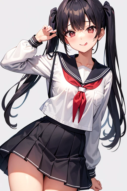 Twin tails、Black Hair、Slanted Eyes、pretty girl、Spoiled brat、uniform、Sailor suit、skirt、Small breasts、Thin chest、Tongue out、skirtを捲る