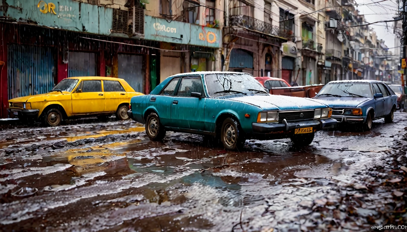 abandoned city of buenos aires, abandoned cars, while the snow falls, wet ground, apocalyptic image, desolate image, 8k hyper realistic, ethereal, photo realistic detailed image, sharp focus, studio photography, xf iq 4, 1 5 0 0 0 0 mp, 5 0 mm, iso 2 0 0, 1/1 6 0 s, realistic, natural light, octane rendering, adobe lightroom, thirds resolution, symmetrical balance, depth layers, filter polarizer, ..., hd, color optics , ..., hd, opaque color, masterpiece