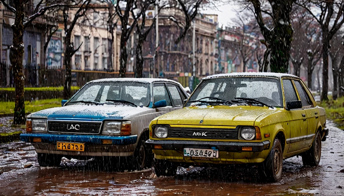 abandoned city of buenos aires, abandoned cars, while the snow falls, wet ground, apocalyptic image, desolate image, 8k hyper realistic, ethereal, photo realistic detailed image, sharp focus, studio photography, xf iq 4, 1 5 0 0 0 0 mp, 5 0 mm, iso 2 0 0, 1/1 6 0 s, realistic, natural light, octane rendering, adobe lightroom, thirds resolution, symmetrical balance, depth layers, filter polarizer, ..., hd, color optics , ..., hd, opaque color, masterpiece