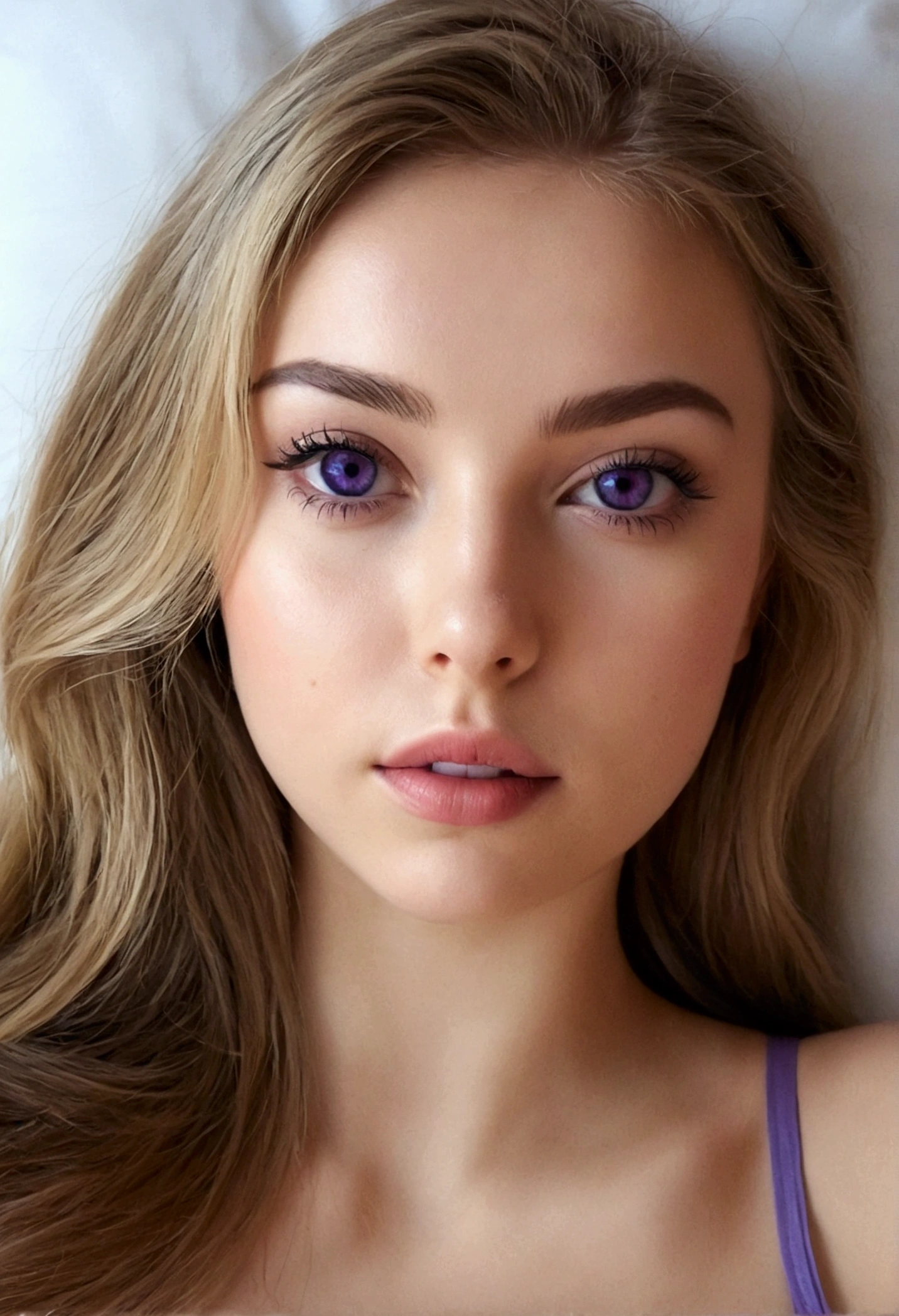 arafed femme pleinement , fille sexy aux yeux bleus, Ultra réaliste, minutieusement détaillé, portrait sophie mudd, cheveux blonds et grands yeux, selfie d'une jeune femme, yeux de la chambre, violette myers, sans maquillage, maquillage naturel, regarder directement la caméra, visage avec artgram, maquillage subtil, superbe photo de tout le corps à genoux sur le lit, dans la chambre, buste de taille moyenne à grande, Résistant