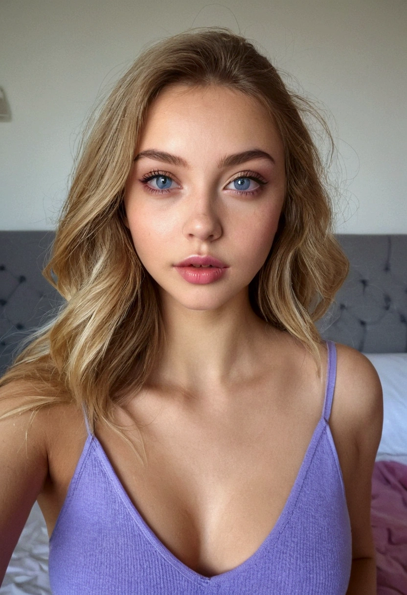 arafed femme pleinement , fille y aux yeux bleus, Ultra réaliste, minutieusement détaillé, portrait sophie mudd, cheveux blonds et grands yeux, selfie d'une jeune femme, yeux de la chambre, violette myers, sans maquillage, maquillage naturel, regarder directement la caméra, visage avec artgram, maquillage subtil, superbe photo de tout le genoux sur le lit, dans la chambre, buste de taille moyenne à grande, Résistant