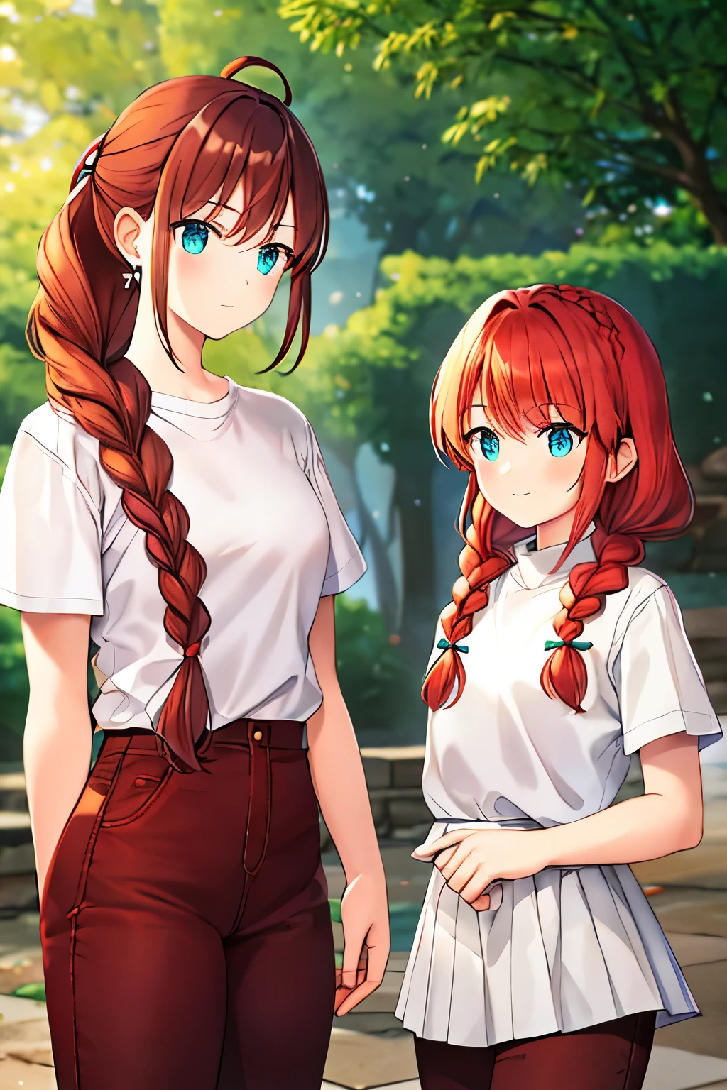 Wearing a white short-sleeved shirt and dark red jeans,With brown high boots,The maple red hair is braided back into a ponytail on the left and right sides of the head and decorated with a blue ribbon.,Emerald green eyes sparkle
