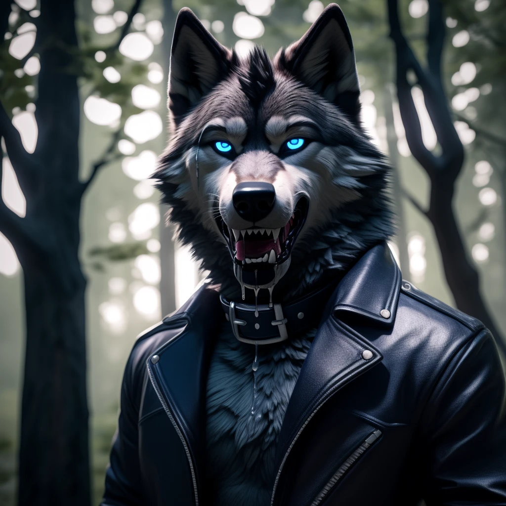 Posing, Male, 30 years old, eyeliner, black leather jacket, anthro, wolf ears, (black fur:1.5), wolf, forest background, 8k, hi res, (best quality, masterpiece), (wolf tail:1.5), detailed fur, solo, blue jeens, blue eyes, collar, evil grin, crazy expression, barring teeth, (drooling:1.5)